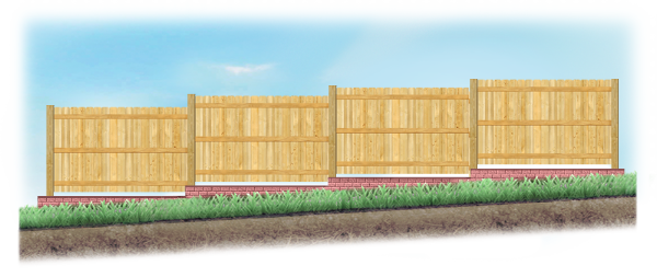 A stepped fence on sloped ground with a Retaining Wall in Houston Texas